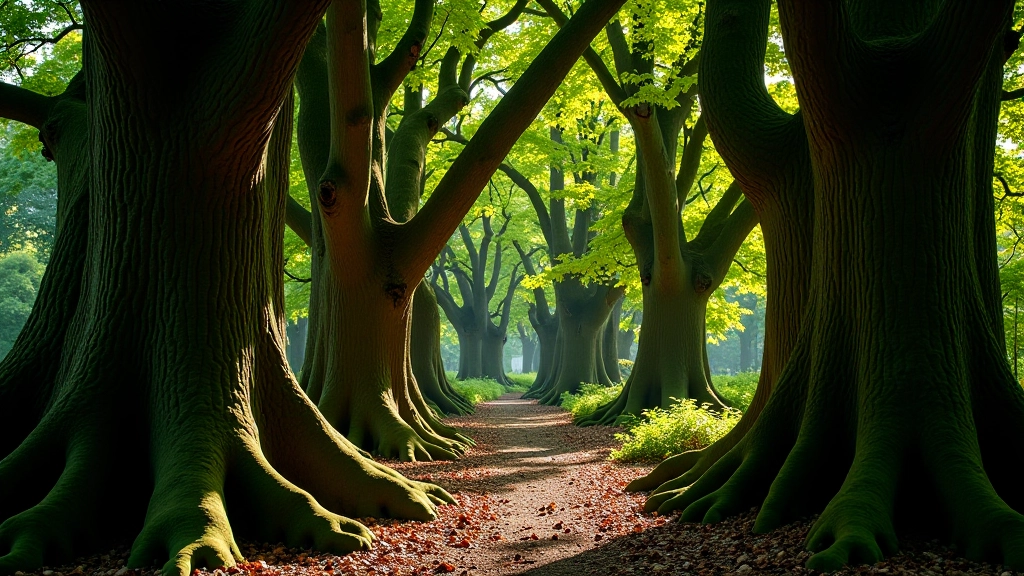 Ancient oak trees with thick gnarled trunks and expansive canopy, sunlight streaming through leaves, natural forest floor