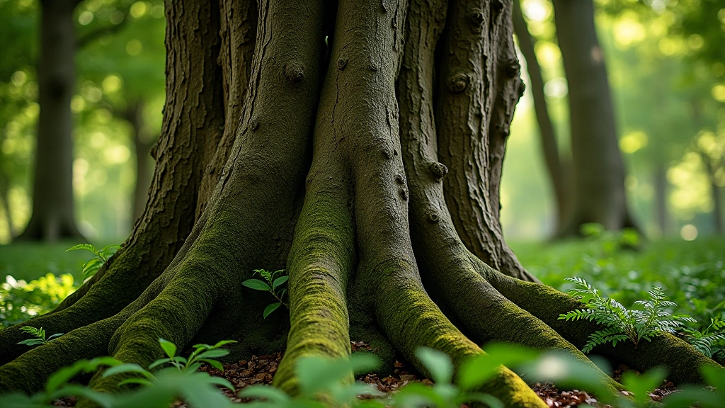 Close-up of oak tree bark and woodland vegetation at Muckross Lake