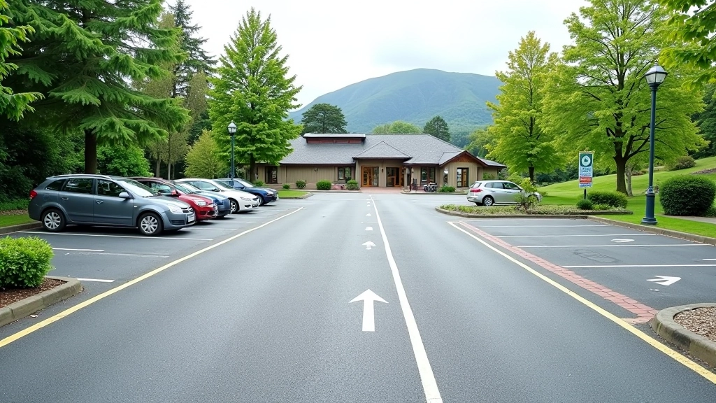 Well-organized car park with accessible parking spaces clearly marked near entrance