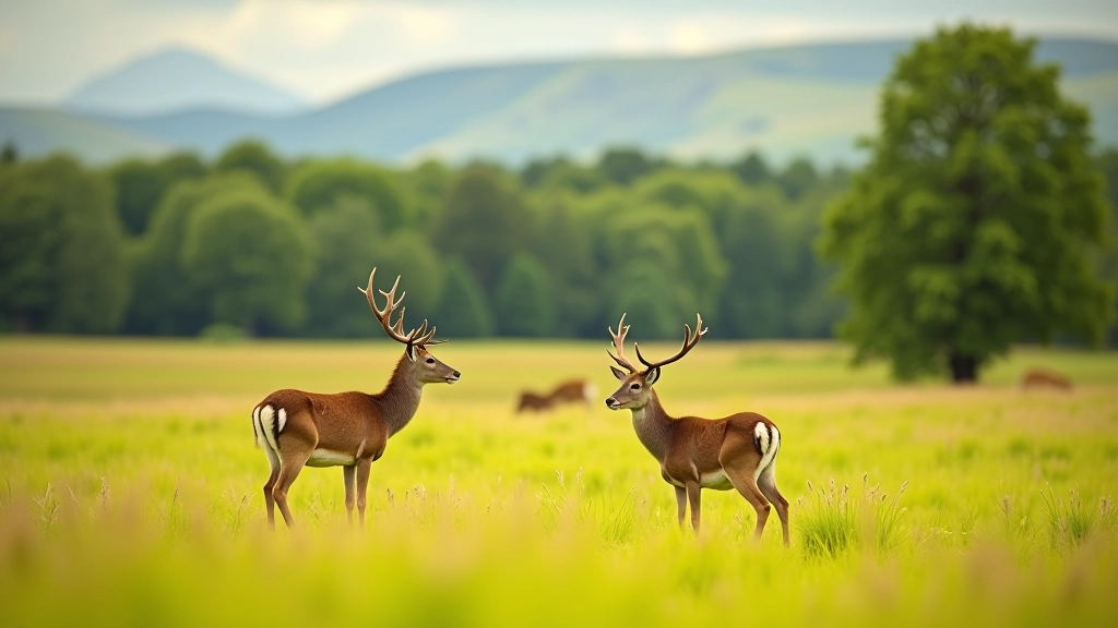 Deer park landscape with native deer grazing in natural grassland setting