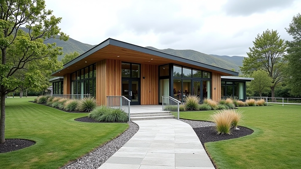 Park visitor centre building with accessible entrance ramp and landscaped grounds