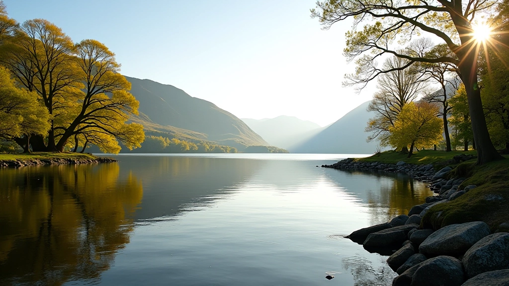 Panoramic view of Muckross Lake with ancient oak trees lining the shoreline and mountains in distance