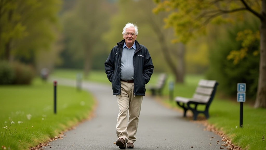 Visitor walking along accessible pathway with signage and rest benches