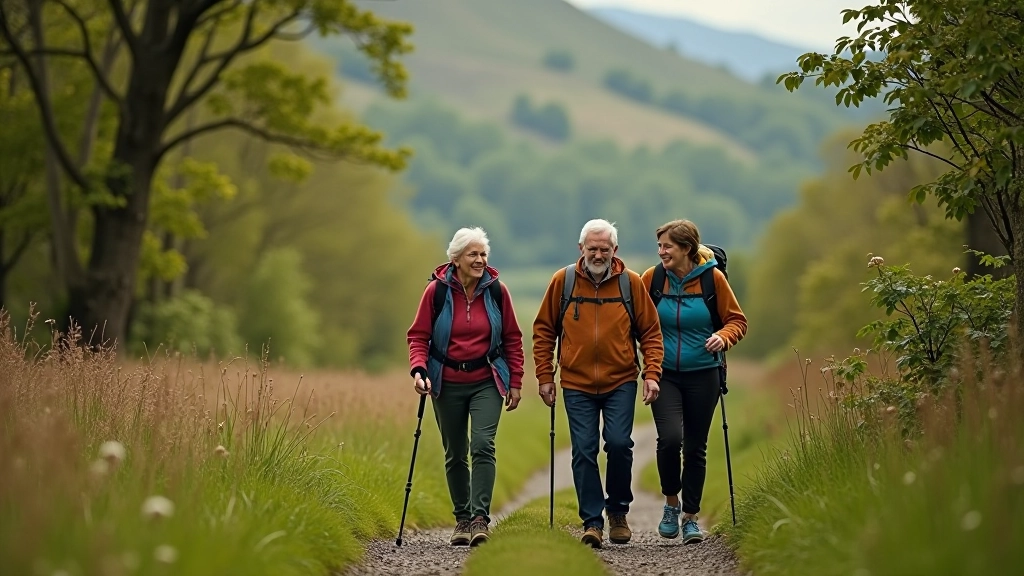 Group of senior friends walking together on woodland path through Killarney National Park